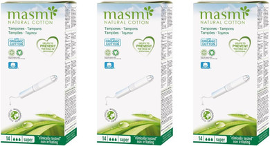 2 x 14 Masmi Super Applicator Cotton Tampons Certified Organic Hypoallergenic, Biodegradable, Cardboard Applicator, Free of Perfume Viscose Rayon Chlorine and Dioxin (Twin Pack)