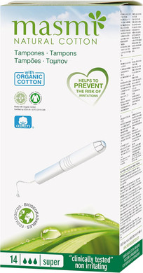 14 Masmi Super Applicator Cotton Tampons Certified Organic Hypoallergenic, Biodegradable, Cardboard Applicator, Free of Perfume Viscose Rayon Chlorine and Dioxin (Single Pack)