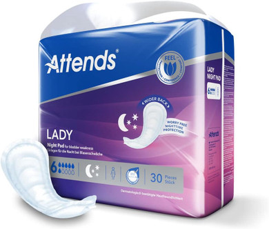 Attends Lady Night Pad 6 (1 x 30 Pieces) - Night Time Liners - Suitable for Moderate to Severe Urinary Incontinence - 100% Breathable - Odour Protection - Designed for Women