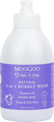 MooGoo 2-in-1 Bubbly Wash - Natural Baby Cleanser & Bubble Bath, Baby Body Wash & Shampoo, Soap, SLS, Fragrance-Free, Dermatologically Tested, Gentle for Sensitive Skin, 500ml / 16.9 fl.oz