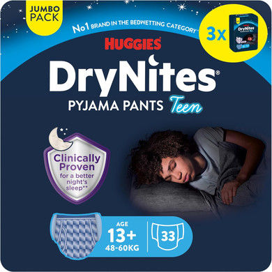 Huggies DryNites, Pyjama Pants for Boys - Sizes 8-15 Years (27 Pants) - Night Time Pants for Child and Teen Bed Wetting - Unbeatable Protection and Discrete Design
