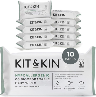 Kit & Kin Premium Eco Baby Wipes, 600 Wet Wipes (10 packs) | Biodegradable Plastic-Free & Super Soft | 99% Water | Hypoallergenic & Dermatologist Approved | Fragrance-Free | New & Improved Formula