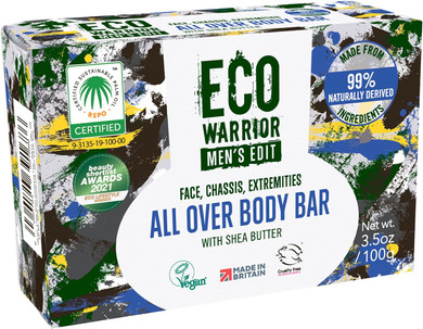 Eco Warrior Men's Edit All Over Body Soap Bar | Vegan, Natural, Cruelty-Free, Eco Friendly | Free from SLS or Parabens | Nourishing Mens Soap with Shea Butter and Essential Oils | Mens Gifts, 100g