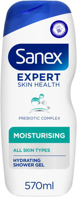 Sanex Expert Skin Health Hypoallergenic Shower Gel l 570ml, for Very Sensitive Skin, Sensitive Shower Gel, 12 Hour Hydration, Prebiotic & Postbiotic Complex, Dermatologically Tested, 0% Sulphates