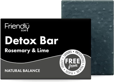 Friendly Soap - Detox Bar with Activated Charcoal, Rosemary & Lime (95g), Absorb Toxins, Cleansing, Plant-Based, Cruelty-Free, Made By Hand, No Preservatives or Sulphates, Sustainable