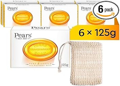 Pears Natural Amber Soap Bars 125g 6 Pack + 1x Soap Bag