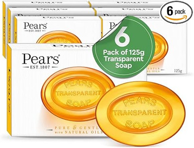 Pears Pure & Gentle Transparent Natural Soap Bar - Made with Natural Oils, Nourishing and Refreshing Bathing Cleanser, Gentle & Soothing Skin Care, Pure Transparency, Pack of 6 x 125g