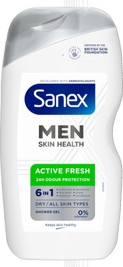 Sanex Men Skin Health Active Fresh Shower Gel 400ml X 6- Dry Skin Body Wash For Men - Controls Body Odour For 24 Hours - Deeply Hydrates - 6-in-1 Benefits - Dermatologically Tested - 0% Sulphates