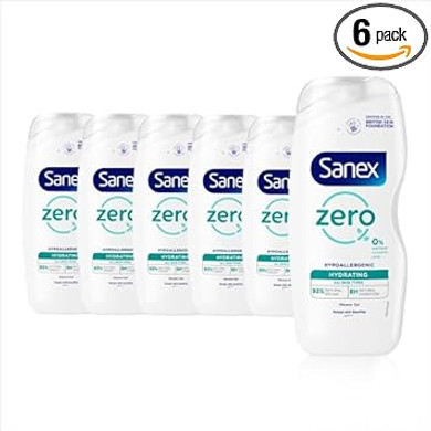Sanex Zero% Hydrating Family Shower Gel 225ml x 6, hydrating body wash, vegan shower gel, 99% biodegradable, 0% sulphates, 0% colourants, 0% microplastics (pack of 6)