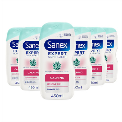 Sanex Expert Skin Health Agave Calming Shower Gel 6x450ml, Shower Gel for Sensitive Skin, Natural Prebiotic from Organic Agave, Moisturises and Soothes, 12hr Hydration, Supports Natural Skin Balance
