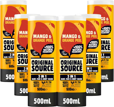 Original Source Mens 3in1 Mango & Orange Peel Shower Gel, 100 Percent Natural Fragrance, Vegan, Cruelty Free, Paraben Free, Bulk Buy, Pack of 6 x 500 ml