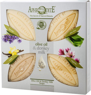 Aphrodite Set of 4 olive oil and donkey milk soap bars. Natural soap with donkey milk and unique scents for well-groomed skin - Olive Oil Soap Bar With Donkey Milk - Hand Soap - (4x85gr)