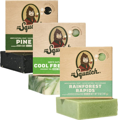 Dr. Squatch All Natural Soap Bar for Men, 3 Bar Variety Pack - Birchwood Breeze, Fresh Falls, Wood Barrel Bourbon