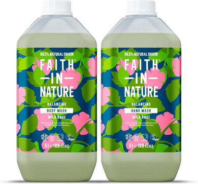 Faith In Nature Natural Wild Rose Hand Wash and Body Wash Set, Vegan & Cruelty Free, No SLS or Parabens, 2 x 5L Pack