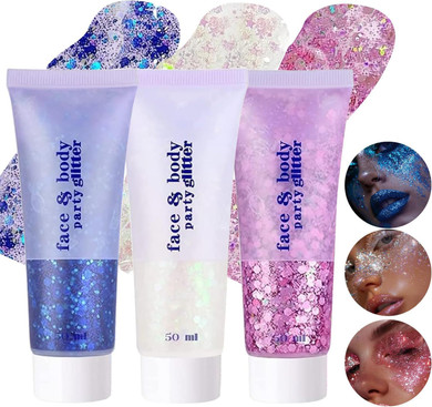 3 PCS Body Glitter Gel, Face Glitters Body Gel Sequins Shimmer Liquid Eyeshadow, Mermaid Sequins Liquid Holographic Glitter Gel, Chunky Glitter for Face Hair Nails(Blue/White/Pink)