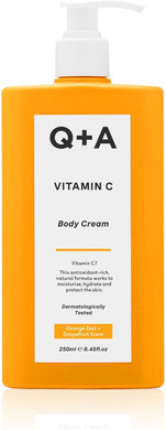 Q+A Vitamin C Body Cream (250ml), Hydrating and Brightening Body Moisturiser for Dry Skin with Shea Butter and Ginger Root Extract, Evens Skin Tone and Boosts Radiance, Natural Skincare