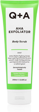 Q+A AHA Exfoliator Body Scrub (250ml), Exfoliating Body Scrub with AHA and Lactic & Glycolic Acid, Smooths Rough Dry Skin, Brightens & Hydrates, Vanilla & Coconut Scent