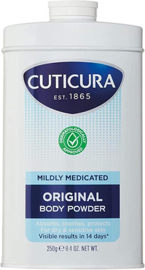 CUTICURA Mildly Medicated Body Powder 250 g, Many Uses Personal Hygiene, Sweat Control, Chafing and Friction Prevention, Itching Relief (Pack of 2)