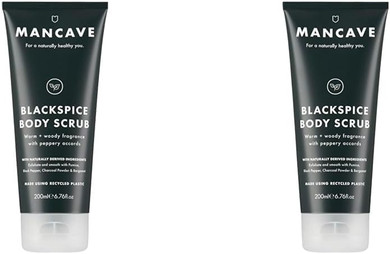 ManCave Blackspice Body Scrub 200ml for Men, Warm & Woody Aroma, Exfoliate & Cleanse Skin with Pumice and Charcoal Powder Scrub, Natural Formulation, Vegan Friendly, Made in England (Pack of 2)