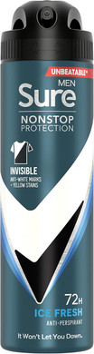 Sure Men Nonstop Protection Invisible Ice Fresh Anti-Perspirant Aerosol Men's Deodorant Spray with Body Heat Activated technology that leaves no marks for 72 hour odour and sweat protection 250 ml