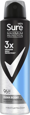 Sure Men Maximum Protection Clean Scent anti-perspirant deodorant spray with 3x stronger* sweat protection Anti-perspirant Deodorant Aerosol 96h protection against sweat and odour