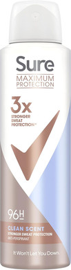 Sure Maximum Protection Clean Scent Anti-perspirant Deodorant Aerosol 96h protection anti-perspirant deodorant spray for 3x stronger* sweat protection 150 ml
