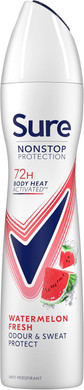 Sure Nonstop Protection Watermelon Fresh Anti-Perspirant Aerosol Women's Deodorant Spray with Body Heat Activated tech. and a watermelon & cactus scent for 72 hour odour and sweat protection 250 ml
