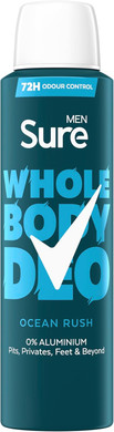 Sure Men Ocean Rush Whole Body Deodorant Men's Deodorant Spray with a herbal & woody fragrance for 72 hour odour control 150 ml (Pack of 2)