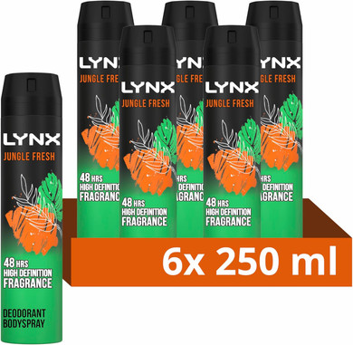 Lynx Jungle Fresh Aerosol Body Spray deodorant with a palm leaves & amber scent 48 hours of odour-busting zinc tech 6x 250 ml