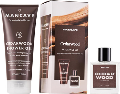 ManCave Cedarwood Mens Fragrance Gift Set, 50ml Cedarwood Eau de Toilette, 200ml Shower Gel, Natural Ingredients, Perfume Set, present for him, Fragrance for Men