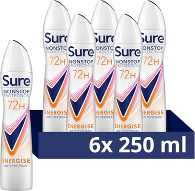 Sure Nonstop Protection Energise Anti-Perspirant Aerosol Women's Deodorant Spray with Body Heat Activated technology and a mandarin & mango scent for 72 hour odour and sweat protection 6x 250 ml