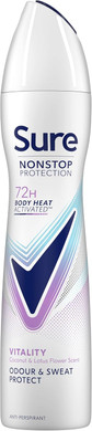 Sure Nonstop Protection Vitality Anti-Perspirant Aerosol Women's Deodorant Spray with Body Heat Activated tech. and a coconut & lotus flower scent for 72 hour odour and sweat protection 6x 250 ml