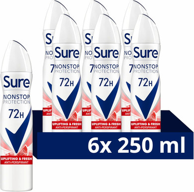 Sure Nonstop Protection Watermelon Fresh Anti-Perspirant Aerosol Women's Deodorant Spray with Body Heat Activated tech and a watermelon & cactus scent for 72 hour odour and sweat protection 6x 250 ml
