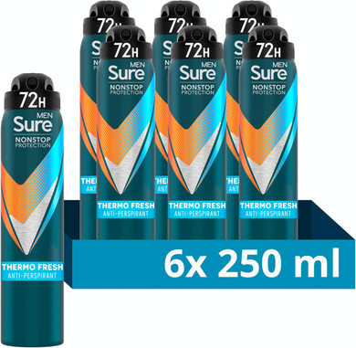 Sure Thermo Fresh Nonstop Protection Antiperspirant Deodorant (6x 250 ml) with Body Heat Activated technology Aerosol Spray for 72-hour sweat and odour protection 6x 250 ml