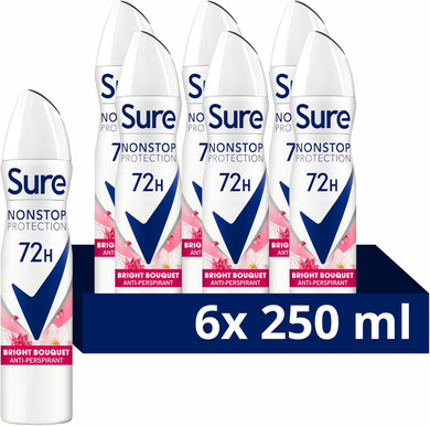 Sure Nonstop Protection Bright Bouquet Anti-Perspirant Aerosol Women's Deodorant Spray with Body Heat Activated tech. and a strawberry & vanilla scent for 72 hour odour and sweat protection 6x 250 ml