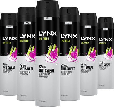 Lynx Epic Fresh Anti-Perspirant Aerosol Men's Deodorant Spray with ProScent technology and a grapefruit & tropical pineapple scent for 72 hours protection against odour and wetness 6x 250 ml