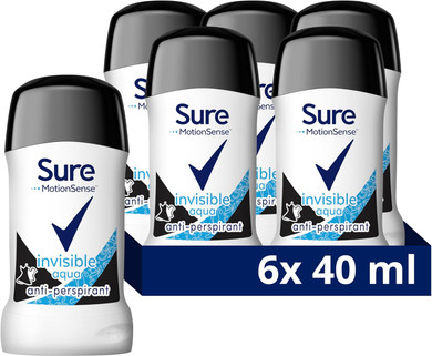 Sure Invisible Aqua Anti-Perspirant Cream Women's Deodorant Stick that protects against white marks and yellow stains for 48 hour protection against sweat and odour 6x 40 ml