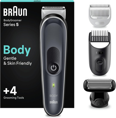 Braun Body Groomer Series 5 5370, for Men, Incl. 2 Combs 3mm-11mm Lengths, SkinShield Technology Gentle Use and Clean Shave Attachment, Waterproof, Cordless with 100-min Run Time, Noir, 1.0 Count
