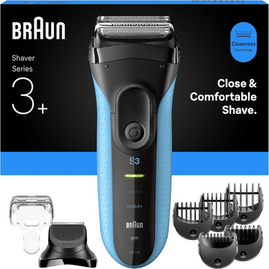 Braun Series 3+ Electric Shaver, 3 Flexible Blades, Wet & Dry Razor for Men with Beard Trimmer Attachment, +5 Combs, Efficiency MicroComb, Made in Germany, 3010BT, Blue