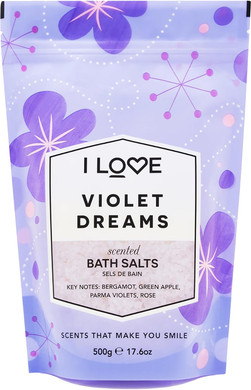 I Love Violet Dreams Scented Bath Salts, With 99% Naturally Derived Ingredients Including ACB BioWater Bamboo, Lightly Fragranced Leaving Skin Feeling Silky & Smooth, VeganFriendly 500g