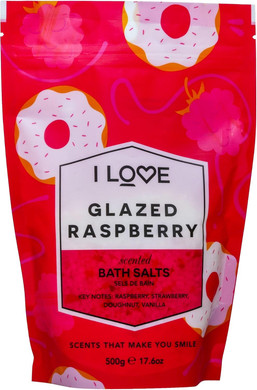 I Love Glazed Raspberry Scented Bath Salts, with 99% Naturally Derived Ingredients Including ACB BioWater Bamboo, Lightly Fragranced Leaving Skin Feeling Silky & Smooth, VeganFriendly 500g