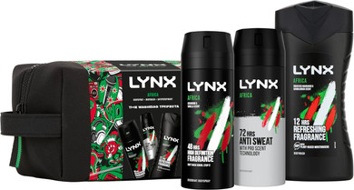 Lynx Africa THE TRIFECTA 48H Protection Body Spray 150ml, 12H Refreshing Body Wash 225ml and 72H Protection Anti Perspirant 150ml 3 Pieces Gift Set for Him with Washbag