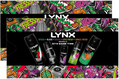 Lynx IT'S GAME TIME Body Spray Collection with 48 Hours Protection Africa, Black, Excite, Epic Fresh, Jungle Fresh Deodorant 5 Pieces Gift Set for Him,2pk