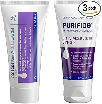 Acnecide + Purifide Wash-Off Skincare Set, with Acnecide Face Wash Gel for Acne Treatment & Spot Treatment with Benzoyl Peroxide (50g) & Purifide SPF 30 Moisturiser (50ml)