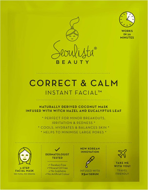 Seoulista Beauty® Correct & Calm Instant Facial 25ml | Soothing Face Sheet Mask For Oily and Combination Skin | Dermatologist Created Korean Skin Care | Infused with Witch Hazel Eucalyptus Leaf