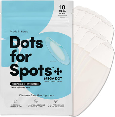 Dots for Spots Mega Pimple Patches - Pack of 10 Fast Acting Spot Treatment Stickers Infused With Niacinamide and Salicylic Acid - Perfect For Back, Chin or Chest Acne