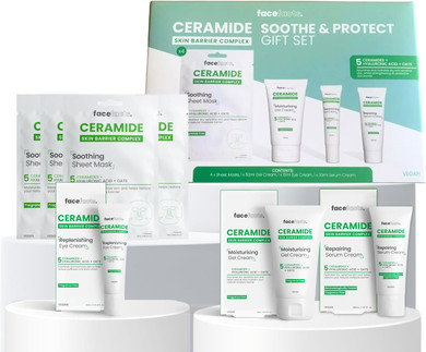 Face Facts Ceramide Skincare Gift Set  Hydrating Vegan Face Care Including 4 Masks, Gel Cream, Eye Cream & Serum  Suitable for Dry, Sensitive & All Skin Types  5 Ceramides + Hyaluronic Acid