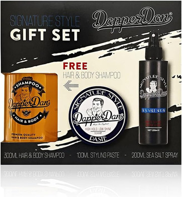Dapper Dan Signature Style Gift Set, Includes High Hold and Low Shine Signature Style Paste 100ml, Texturizing Signature Style Sea Salt Spray 200ml and Hair and Body Shampoo with Vitamin B5 300ml