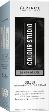 Clairol Colour Studio Permanent Colour Cream | Hair Dye | Long-lasting Rich Tones | 100% Grey Coverage | Dermatologically Tested Vegan Formula | Hair Colouring Kit | Midnight Black 2/0 | 50ML