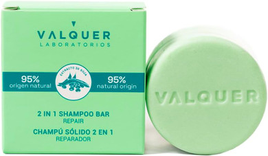 Valquer 2-in-1 Repairing Solid Shampoo and Conditioner. Cleanses, moisturizes, and softens damaged and brittle hair with soy extract. Suitable for all hair types. Natural ingredients and vegan. 70 g